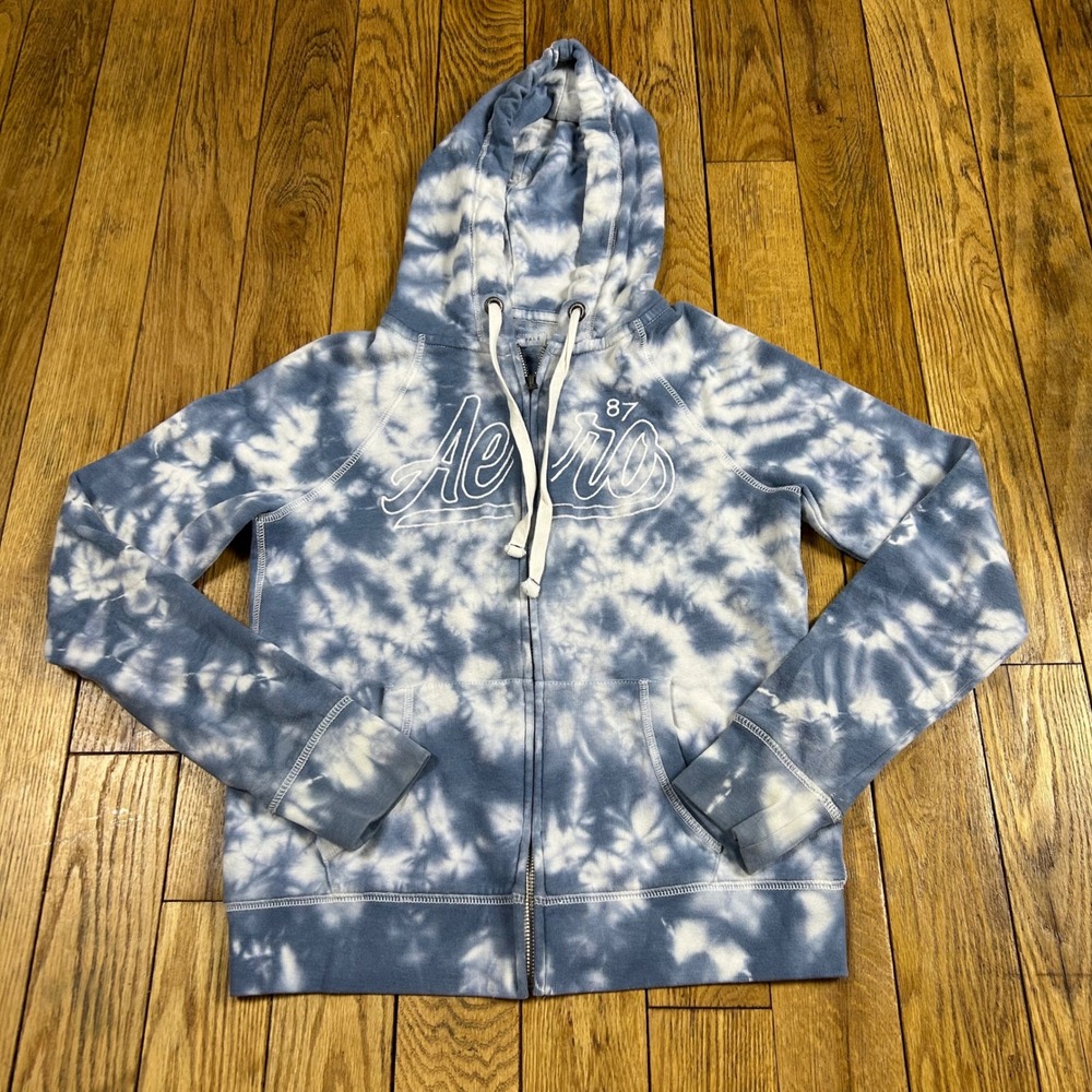 Y2K Aeropostale Tie Dye Full Zip Hoodie Sweatshirt Blue White Size‎ S